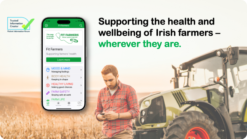 Fit Farmers app mockup with farmer looking at mobile phone next to a green tractor