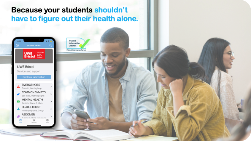 Student Health App mock-up with male and female student looking at books and smartphone