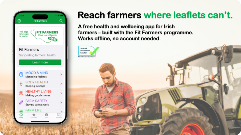 Fit Farmers app mockup with farmer looking at mobile phone next to a green tractor