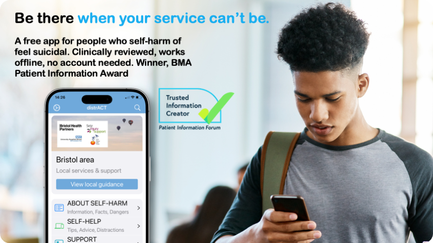 Young person looking at their phone, representing calm support during overwhelming moments