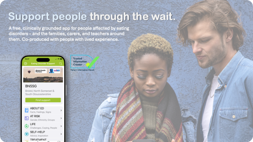 Mock-up of Eating Disorder Support App with young female and male person looking at phone together