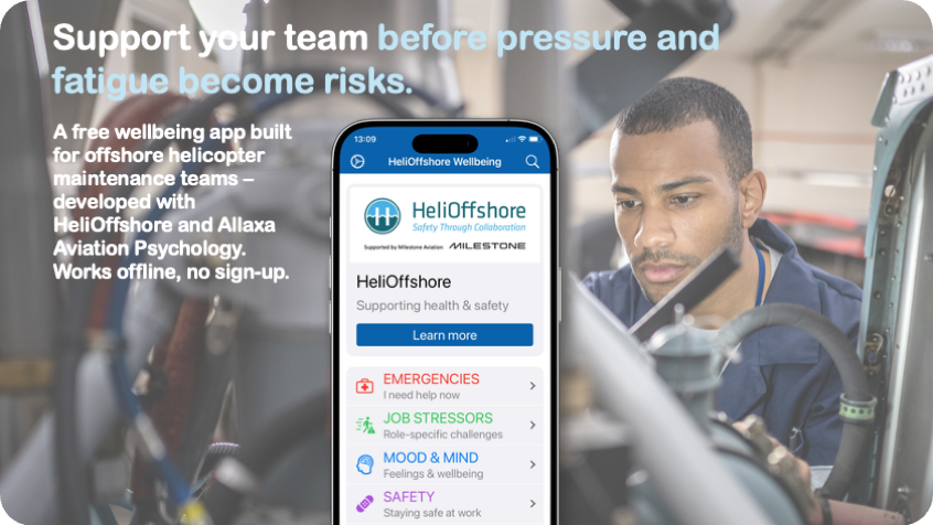 Mock-up of Heli-Offshore Wellbeing app home screen with photo of mechanic working on helicopter engine