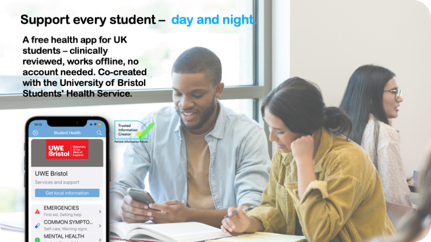 Student Health App mock-up with male and female student looking at books and smartphone