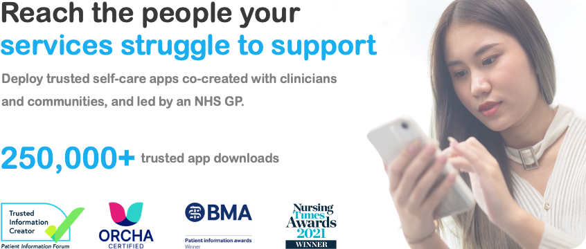Hero image showing a woman using a self-care app, stating 250,000+ downloads and NHS GP credentials with quality certification badges.